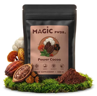 Produktbild von Magic Pwdr Power Cocoa Pulver 200g - Reishi, Chaga und Lion's Mane Pilz Extrakt - Kakao Mischung Für Entspannung, Schlaf, Stressabbau - Ohne Zucker