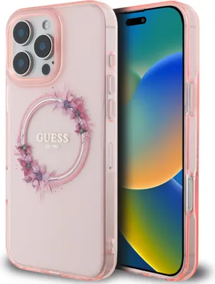 Immagine prodotto di Guess GUHMP16LHFWFCP Custodia protettiva per iPhone 16 Pro 6,3" rosa/rosa Hardcase IML Flowers Wreath MagSafe