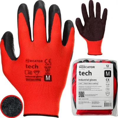 Immagine prodotto di Guanti da lavoro MERCATOR Tech rosso+nero in lattice - taglia M - 12 paia