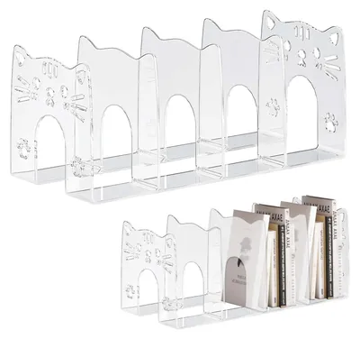 Image de 2 supports transparents pour livres, avec un motif de chats adorable, étagère de rangement de grande capacité, bibliothèque de bureau pour une utilisation au bureau, à la maison ou à l'école, porte-magazines en plastique épais