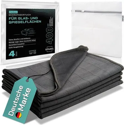 Obrázek produktu pro Sada 4 kusů utěrek Unyqoos® z mikrovlákna, rozměr 40 x 40 cm – utěrka bez zanechávání šmouh, vhodná pro čištění oken, zrcadel a displejů automobilů, bez vláken, gramáž 400 g/m²