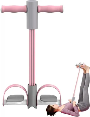 Produktbild von Bauchtrainer – 6 Widerstandsbänder – Bauchmuskeltrainer – Elastisches Fitnessband mit Griff und Pedal – Bauchmuskeltraining – Fitnessgerät – Rosa