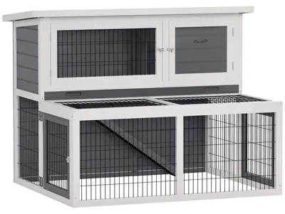 Produktbild von PawHut Hasenstall 2 Ebenen mit klappbar Dach Kaninchenstall aus Vollholz Grau