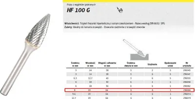 Zdjęcie produktu dla Frez trzpieniowy z węglików spiekanych Klingspor HF 100 G, uzębienie krzyżowe 8 x 19 x 6 mm