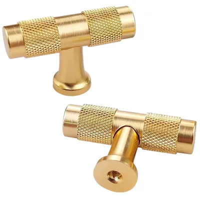 Produktbild von 2 Vintage-Möbelknöpfe in Gold, geriffelte Schrankknöpfe, Einlochknöpfe, moderne Schraubgriffe für Möbel, T-Knöpfe aus gebürstetem Messing für Schubladen, Küchenschränke, Kleiderschränke, Türknöpfe