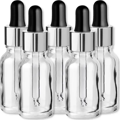 Produktbild von x5 Glasflasche klar 15 ml mit silberner Aluminiumpipette Tropfen leer