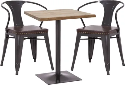 Produktbild von Zestaw stół bistro 2x krzesło do jadalni HWC-H10d, krzesło stół kuchnia krzesło gastronomia MVG ~ czarno-brązowy, stół jasnobrązowy