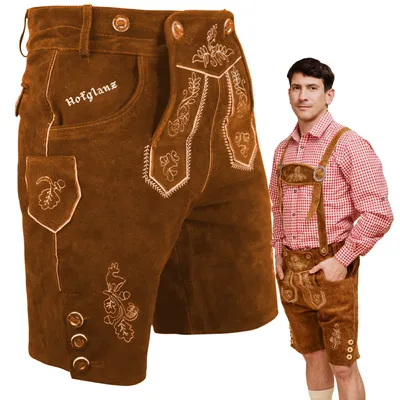 Produktbild von HOFGLANZ® Trachten Lederhose Herren Kurz [MITTELBRAUN / Gr. 58] Hochwertige Trachtenhose für Herren [INKL. HOSTENTRÄGERN] - Echtlederhose Oktoberfest