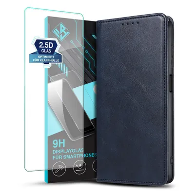 Produktbild von Handyhülle für Samsung Galaxy A25 5G mit 9H Displayglas Kunstleder Flip Cover Hülle Handytasche Case Kartenfach Farbe: Blau