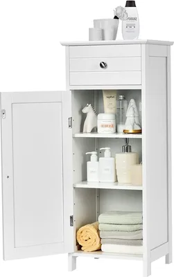 Zdjęcie produktu dla Wąska szafka łazienkowa z drzwiczkami, szufladą, 3 regulowanymi półkami, wodoodporna, do salonu, przedpokoju, sypialni, drewniana, 35,5 x 30,5 x 88 cm (biała)