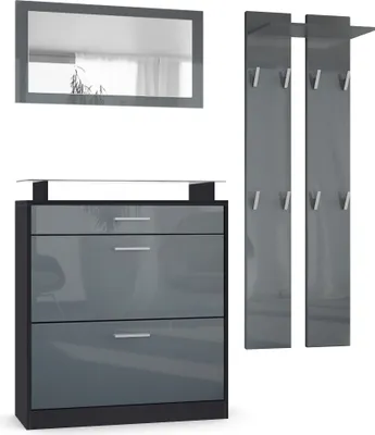 Produktbild von Vladon Garderobe Loret mini, Garderobenset bestehend aus 1 Schuhschrank, 1 Wandspiegel und 2 Garderobenpaneele, Schwarz matt/Grau Hochglanz
