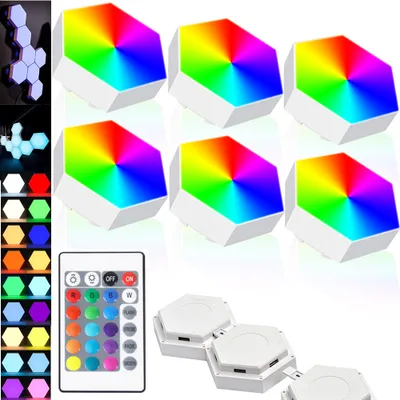 Produktbild von Herní LED dekorativní nástěnné světlo, RGB šestiúhelníkové světlo s voštinovou stěnou, šestiúhelníkové LED panelové osvětlení vnitřní party bar herní místnosti dekorativní LED nástěnná dekorace, balení 6 ks