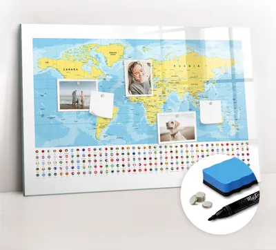 Produktbild von Magnetpinnwand Memoboard - Zubehörsatz - Schwarzer Marker + Schwamm + Magnete - 90 x 60 cm - Weltkarte und Flaggen