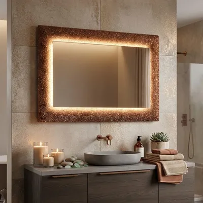 Immagine prodotto di Specchio con cornice in graniglia di vetro fuso bronzo e led integrati 90x62