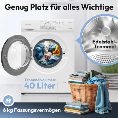 A Bomann washing machine with its door open, showing laundry inside, and a basket of clean laundry next to it. Text highlights features like drum volume and capacity.