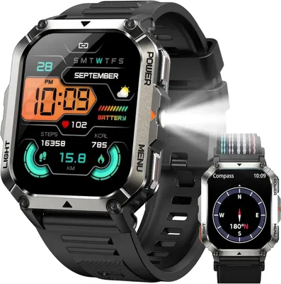 IOWODO Militär-Smartwatch Herren mit GPS, ChatGPT, 7 Tage Akku, Bluetooth Telefonie, 100+ Sportmodi, 900mAh, Kompass, Taschenlampe, IP68 wasserdicht