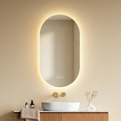 Produktbild von EMKE Badspiegel mit Beleuchtung, Antibeschlag 3 Lichtfarben Dimmbar Touch-Tasten, Badezimmerspiegel 75x45 cm Oval Rahmenlos