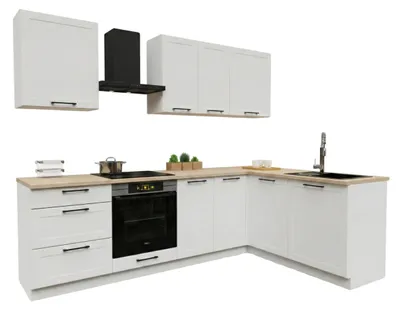 Obrázek produktu pro Rohová kuchyňská linka - tvar L - 260x170 cm - Bílá matná - s béžovou pracovní deskou - MDF - Moderní kuchyňský nábytek - ADELE