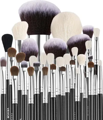 Immagine prodotto di Set di 34 pennelli per il trucco, kit professionale per fondotinta, ombretto, correttore e fard - con setole morbide, manico ergonomico in legno, custodia da viaggio inclusa