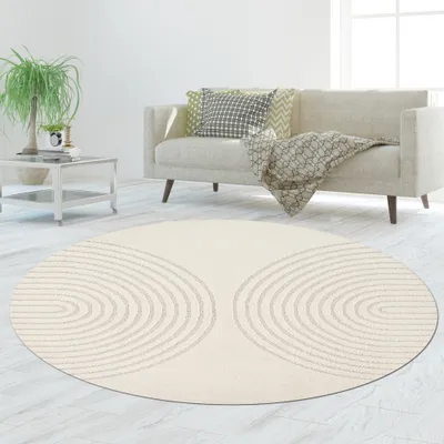 Produktbild von Wohnzimmer Schlafzimmer Teppich Hoch- Tiefeffekt Bogenmuster Creme Größe - 120 cm Rund