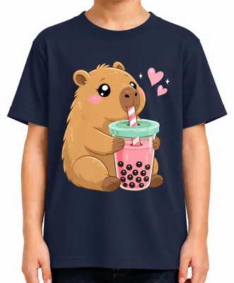 Immagine prodotto di T-shirt con stampa di un capibara carino, stile "boba bubble tea", design giapponese anni 2000, personaggio animale, per bambini, colore blu navy, taglia 128
