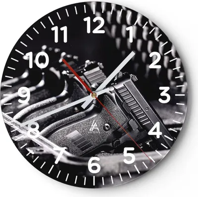 Produktbild von Wanduhr - Rund - Glasuhr - Waffe Waffe Kugel - 30x30cm - Schleichendes Uhrwerk - Lautlos - zum Aufhängen bereit - Dekoration Modern - Wanddekoration aus Glas - C4AR30x30-4004