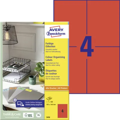 Produktbild von Avery Zweckform 3456 Farbige Etiketten, A4, 105 x 148 mm, 100 Bogen/400 Etiketten, rot