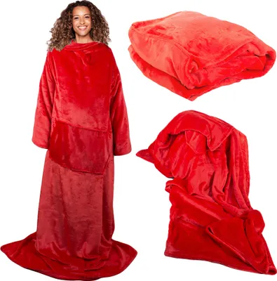 A woman wearing a red fleece blanket with sleeves, and two folded views of the blanket.