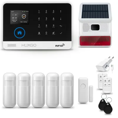 Immagine prodotto di HUXGO HXA003 Sistema di allarme casa WiFi + GSM 4G LTE con sirena wireless, sistema di allarme con 5x sensori di movimento e 1x sensore porta-finestra, sistema di allarme per appartamento, casa, garage, Tuya Smartlife App