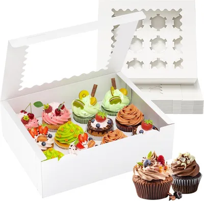 Produktbild von Set mit 12 Cupcake-Halterungen – Hochwertige Ausführung – Sichtfenster – Einsatzstücke – Abmessungen: 29,6 x 24,7 x 9,1 cm – Perfekt für Geburtstagsfeiern – Cupcake-Boxen