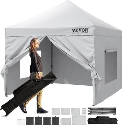 Produktbild von Famanu Pavillon Faltpavillon - Höhenverstellbar - Inklusive Tragetasche - Partytent für 6-8 Personen - 3,048x3,048x3,20m - 500D PolyurethanSilber - Weiß