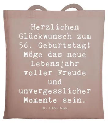 Produktbild von Mr. & Mrs. Panda Jutebeutel Spruch 56. Geburtstag Freude - Braun Pastell - Geschenk, Geburtstagsgeschenk, Gratulation, Lebensjahr, Alter, Tote Bag, Tragetasche, Tasche