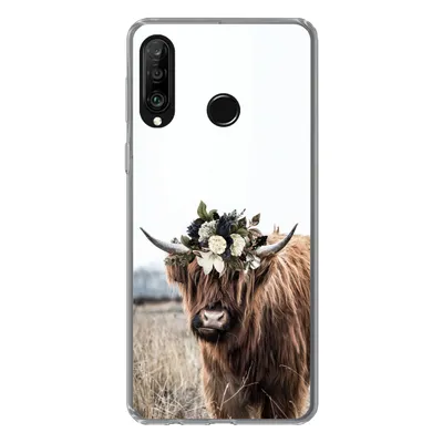 Produktbild von MuchoWow® Handyhülle Schutzhülle Hülle für Huawei P30 Lite Schottischer Highlander - Blumen - Tiere Silikon Softcase Handy Hülle - Handyhülle