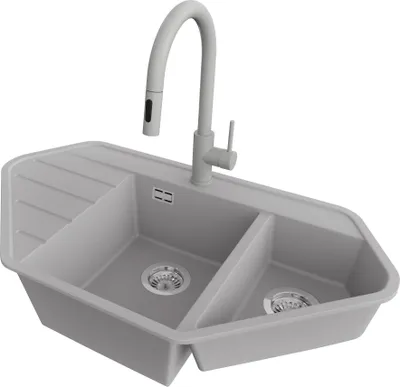 Produktbild von PRIMAGRAN Granitspüle Grau 90x50cm, Eckspüle 1,5 Becken + Küchenarmatur 40x20cm + Ablauf-Set, Küchenspüle ab 70er Unterschrank - Kopenhagen Corner