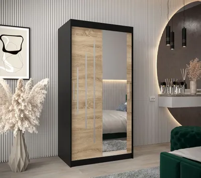 Produktbild von Kleiderschrank mit Spiegel EVA – Breite 100 cm, Schwarz/Sonoma-Eiche