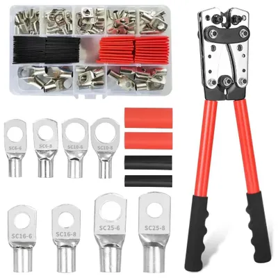 Image de Pince à sertir pour cosses - Outil de sertissage pour cosses de câble - 6/10/16/25/35/50 mm² - 10–1/0 AWG - 80 cosses à sertir à anneau en cuivre - 80 manchons thermorétractables
