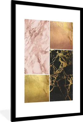 Produktbild von MuchoWow® Gerahmtes Poster Marmor - Collage - Gold 60x90 cm - Poster mit Schwarzem Bilderrahmen Wandposter Rahmen Foto Bilder - Dekoration - Wandposter Wohnzimmer - Hochwertig