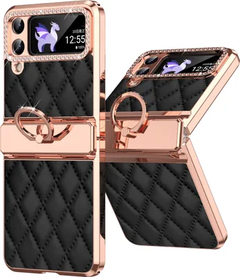 A black quilted phone case with rose gold trim and a ring holder is shown from two angles.