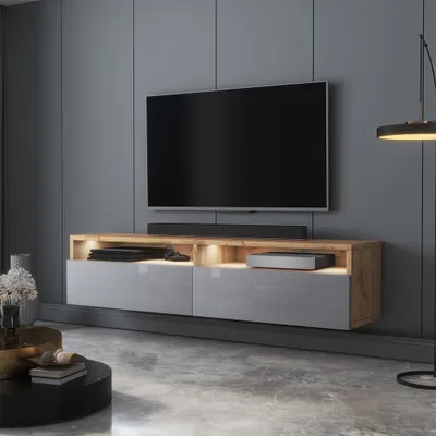 A modern living room with a wall-mounted TV unit.
