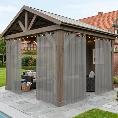 Produktbild von 2er Set Outdoor Halbtransparent Vorhänge Wasserdicht Wetterfest Vorhang Gardinen für Außen Balkon Terrasse Hof Garten, B132xH244cm, Hellgrau