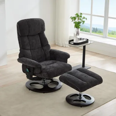 Produktbild von Komfortabler Relaxsessel mit Massage und Wärmefunktion, Liegefunktion & Hocker, 360° drehbar, Chenille-Stoff