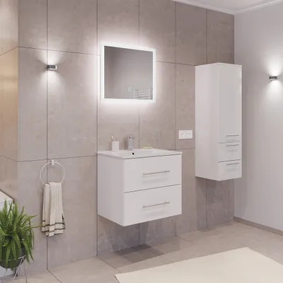 Produktbild von Badmöbel Set 3-teilig, Waschtisch 60cm breit mit Waschbecken und LED Spiegel, in weiß - HARLINGEN-02