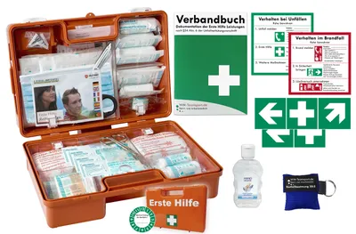 Produktbild von Erste-Hilfe-Koffer M2 PLUS -Paket 1- für Betriebe DIN/EN 13157 + Notfallbeatmungshilfe, Hygiene-Gel, perforiertem Verbandbuch + Aufkleber