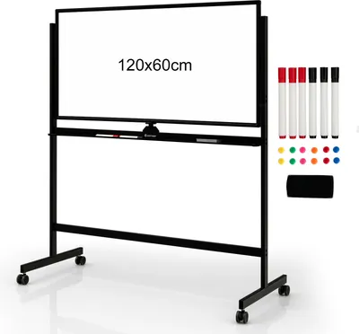Obrázek produktu pro COSTWAY Mobilní tabule, 120 x 60 cm, oboustranná magnetická tabule se stojanem a kolečky, suché stírání, nastavitelná tabule včetně příslušenství pro domácnost, kancelář a školu (černá)