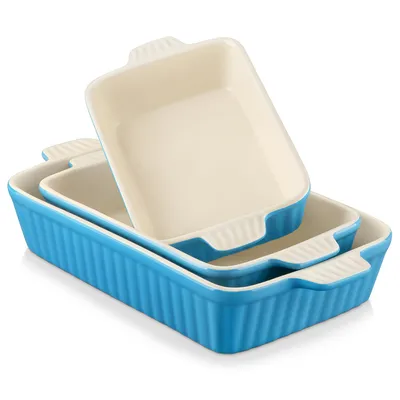 Produktbild von MALACASA Backform Set, 3-tlg Porzellan Kuchenform, Brotbackform, Auflaufform, Ofenform, Blau