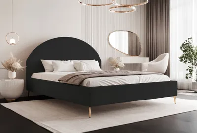 Zdjęcie produktu dla BESILIO Łóżko do sypialni 140x200 Velora II - Łóżko z pojemnikiem, okrągłe kształty, slim, stelaż - Tkanina boucle - Czarny & Quelle 100