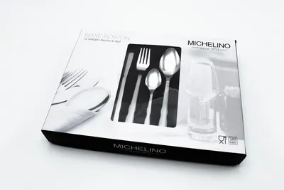 A product box for a cutlery set, showing a window view of the cutlery inside and a graphic of glasses.