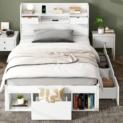 Image de okwish Lit classique 90x200 cm pour jeunes avec port USB, tiroirs et rangement, lit plateforme en bois de pin avec sommier à lattes – blanc (sans matelas)