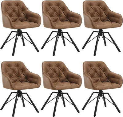 Six brown swivel chairs with black metal legs are arranged in two rows of three on a white background.