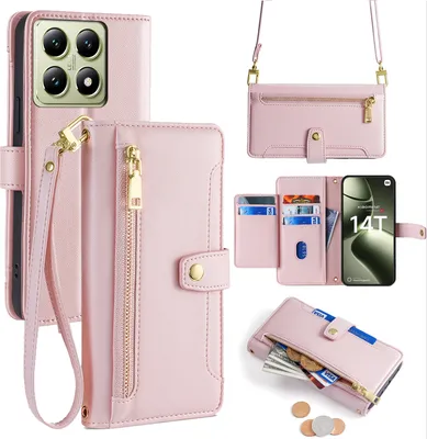 Produktbild von Handykette für Xiaomi 14T – Kunstleder Hülle mit Band, Kartenfächer & Umhängetasche Rosa